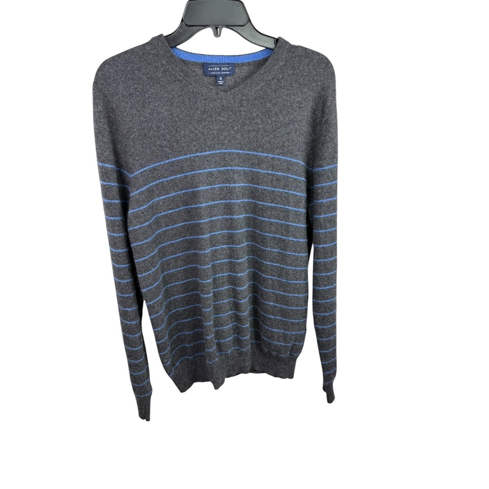 Allen Solly Sweater Mens Medium Gray Striped 100% 2-Ply Cashmere V Neck Pullover